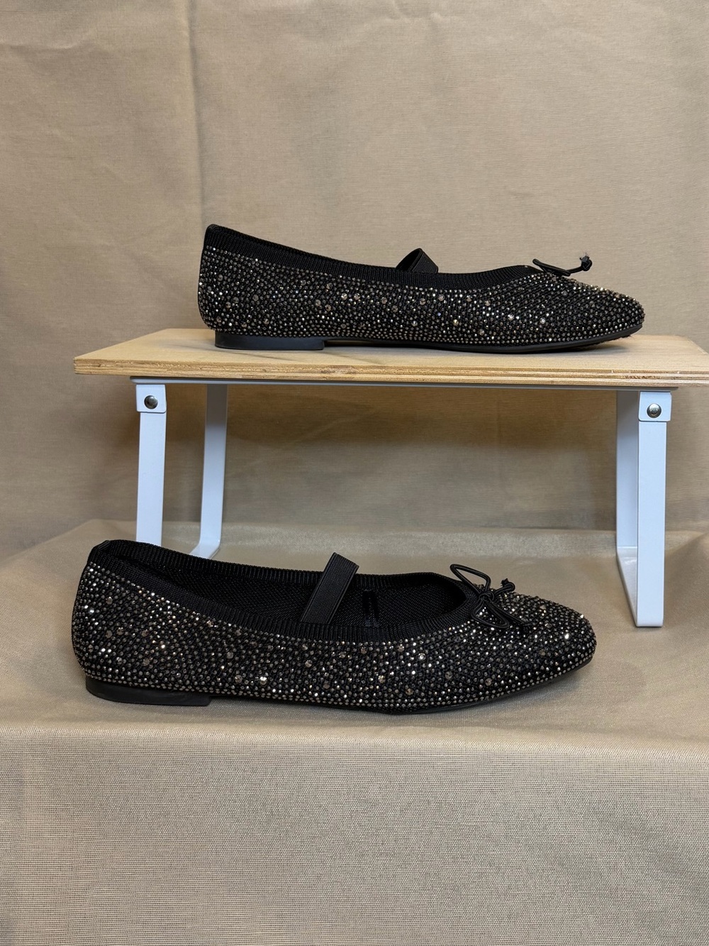 Embellished Black Ballet Flats with Bow and Elastic Strap
